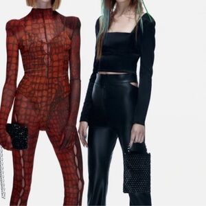 Zara Black Long Sleeve Lace Up Satin Shirt Size Small Bin 305